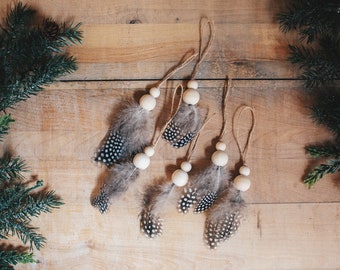 Boho Natural Feather Christmas Ornaments, Set of 6, Simple Holiday Decor, Wooden Bead and Spotted Feather Rustic Farmhouse Gift Decorations