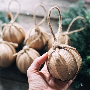 Farmhouse Style Rag Ball Trio Handmade Christmas Ornaments in Linen and Burlap, Set of 9, Neutral Cottage Holiday Decor Bowl Fillers image 4