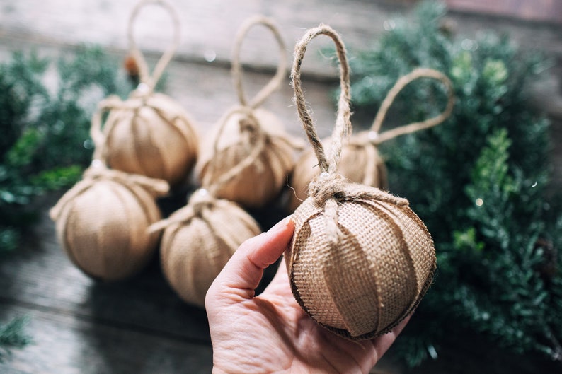 Farmhouse Style Rag Ball Trio Handmade Christmas Ornaments in Linen and Burlap, Set of 9, Neutral Cottage Holiday Decor Bowl Fillers image 4