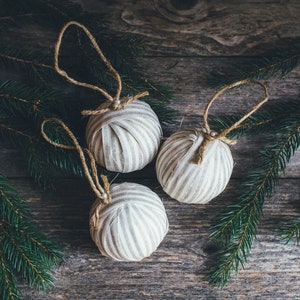 Rustic Greige Striped Rag Ball Christmas Tree Ornaments, Set of 3, Homespun Inspired Farmhouse Holiday Decor