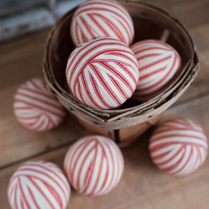 Rustic Red Ticking Rag Ball Christmas Tree Ornaments, Set of 9, Homespun Inspired Farmhouse Holiday Decor Bowl Fillers Candy Cane Stripe image 9