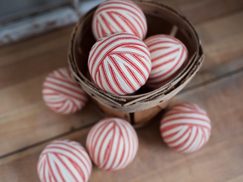 Rustic Red Ticking Rag Ball Christmas Tree Ornaments, Set of 9, Homespun Inspired Farmhouse Holiday Decor Bowl Fillers Candy Cane Stripe image 9