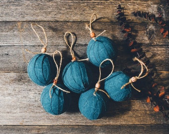 Washed Denim Boho Rag Ball Christmas Tree Ornaments, Set of 6, Indigo Bohemian Holiday Decorations