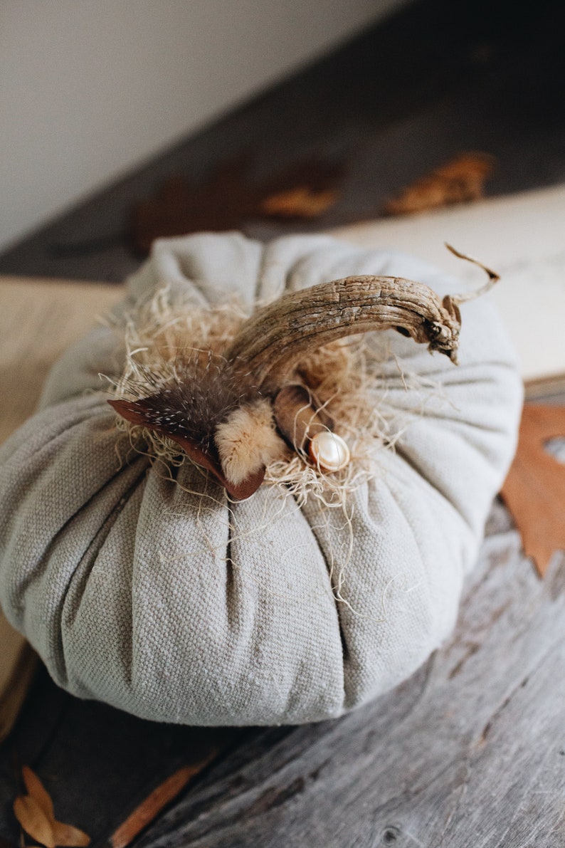 Rustic Boho Farmhouse Canvas Fabric Faux Plush Pumpkin w/ Real Dried Stem, Bohemian Fall Decoration, Neutral Cottage Chic Autumn Decor image 7