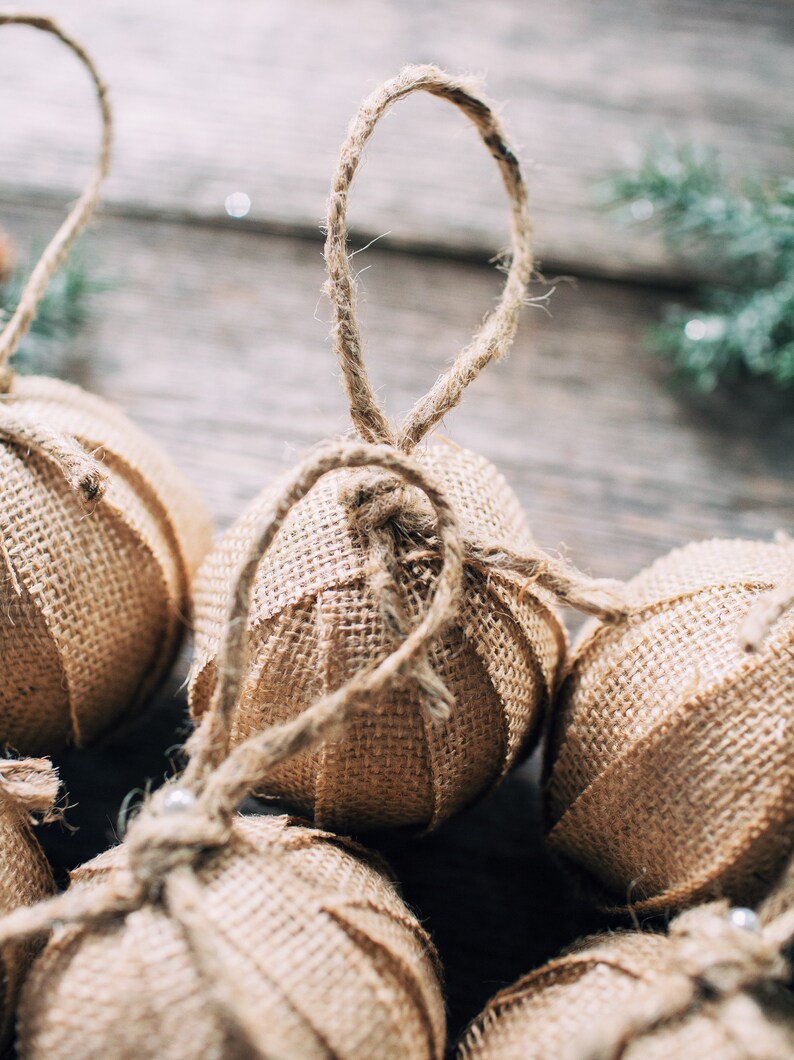 Rustic Farmhouse Burlap Rag Ball Christmas Tree Ornaments, Set of 6, Homespun Inspired Neutral Holiday Decoration Bowl Fillers image 5