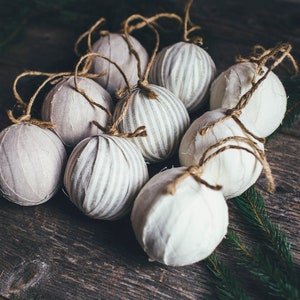 Neutral White Farmhouse Rag Ball Trio Christmas Tree Ornament Set of 9, Linen, Muslin, Greige Stripe, Rustic Holiday Decoration Bowl Fillers