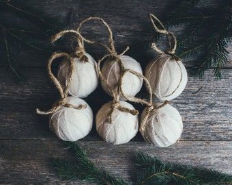 Rustic Farmhouse Natural Canvas Rag Ball Christmas Tree Ornaments, Set of 6, Homespun Inspired Drop Cloth Holiday Decoration Bowl Fillers