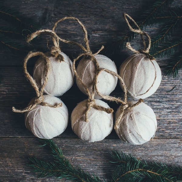 Rustic Farmhouse Natural Canvas Rag Ball Christmas Tree Ornaments, Set of 6, Homespun Inspired Drop Cloth Holiday Decoration Bowl Fillers