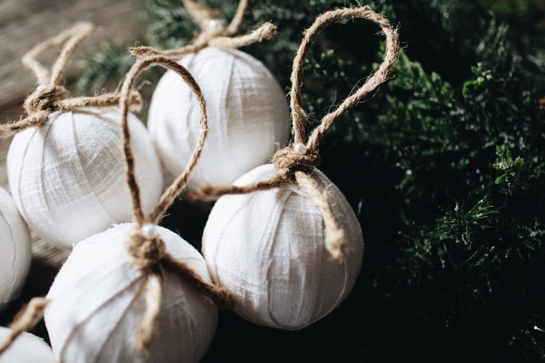 Rustic Farmhouse White Linen Rag Ball Christmas Tree Ornaments, Set of 6, Homespun Inspired Neutral Cottage Holiday Decorations image 3