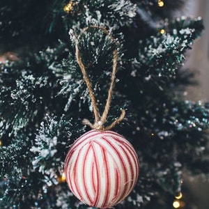 Rustic Red Ticking Rag Ball Christmas Tree Ornaments, Set of 9, Homespun Inspired Farmhouse Holiday Decor Bowl Fillers Candy Cane Stripe image 6