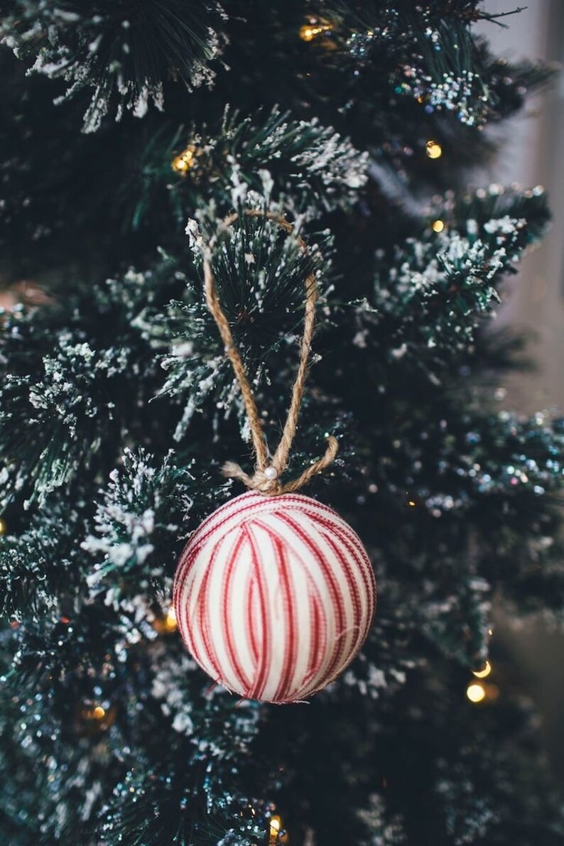 Rustic Red Ticking Rag Ball Christmas Tree Ornaments, Set of 9, Homespun Inspired Farmhouse Holiday Decor Bowl Fillers Candy Cane Stripe image 6