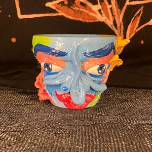 Under the Sea Coral Lady Hand Sculpted Terracotta Upcycled Planter Pot, 3 inch Mini Indoor Blue Planter Pot, Unique Sculpture Art Piece Pot