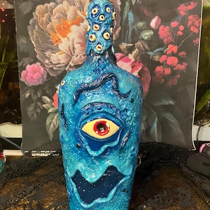 Cyclops Bottle Sculpture Clay Art Piece, Ocean Decor Monster Art, Eclectic Home Decor, One of a Kind Cyclops Sculpture, Tabletop Cyclops Art