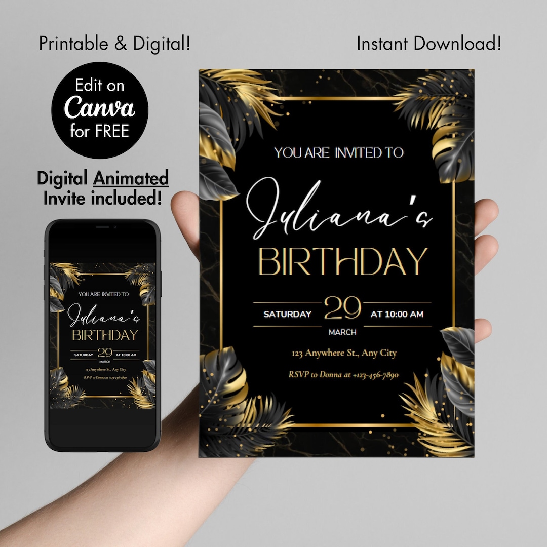 Black and Gold Digital Birthday Invitation, Party Invite, Editable ...