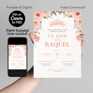 Digital Elegant Quinceañera XV Floral Rosa Invitation, Party Invite, Editable Animated Template, Pink Birthday, Phone Invite, Quince Años