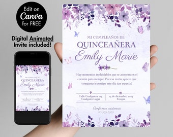 May include: Purple and white Quinceañera invitation with a floral design and butterflies. The invitation includes the text "MI CUMPLEAÑOS DE QUINCEAÑERA Emily Marie" and the date "15 de diciembre, 2023".
