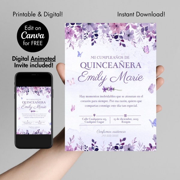 Digital Elegant Quinceañera XV Floral Lilac Invitation, Party Invite, Editable Animated Template, purple Birthday, Phone Invite, Quince Años