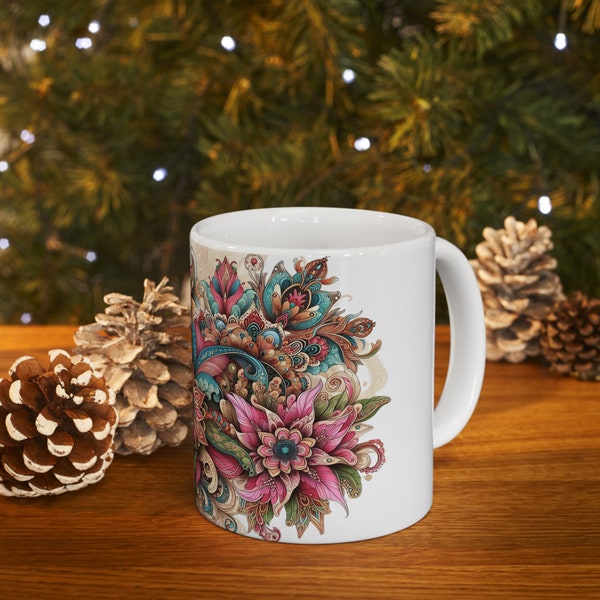 Large Floral Design Mug | Big Flowers Coffee Mug Flower Mug for Mother Vintage Style Ceramic Tea Mug | Unique Gift for Flower Lovers 11oz