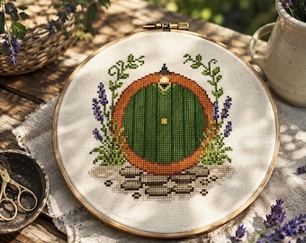 Hobbit Tür Kreuzstich Muster PDF, Fantasy Cottage Stickmuster, gemütliches Hobbit Haus Nadelspitze Stickmuster, Instant Download