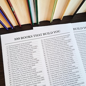 May include: A selection of books with vibrant spines, alongside a printed list titled "100 Books That Build You." The list includes titles and authors such as "The Great Gatsby" and "The Catcher in the Rye."