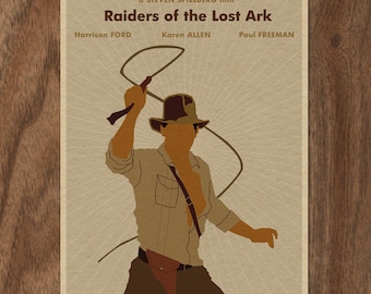 May include: A vintage movie poster for the film "Raiders of the Lost Ark" featuring a silhouette of Indiana Jones holding a whip. The poster is in brown and beige tones with the title in bold font.