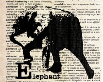 Animal Print on Vintage Dictionary Page - Elephant