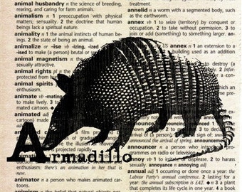 Animal Alphabet ABC Print on Vintage Dictionary Page - Armadillo