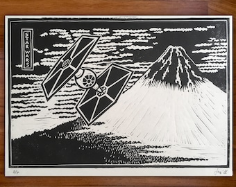 Star Wars-inspired Tie Fighter over Mount Fuji Linocut Handpulled Print