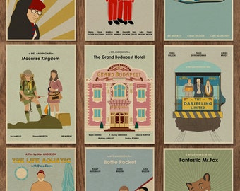 Set of 9 Wes Anderson Minimalist Movie Posters - 16 x 12