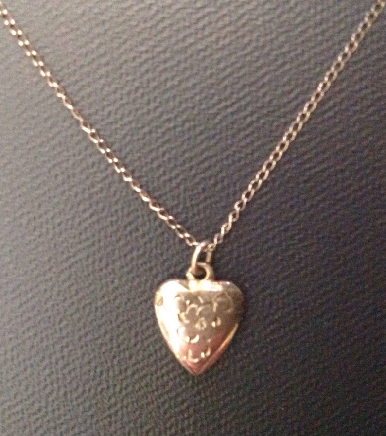 Vintage Sterling Puffy Heart Necklace Small Childs Heart Nexklace Etched Engraved Heart Necklace