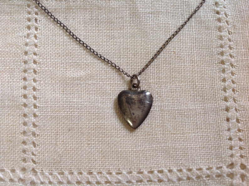 Vintage Sterling Puffy Heart Necklace Small Childs Heart Nexklace Etched Engraved Heart Necklace