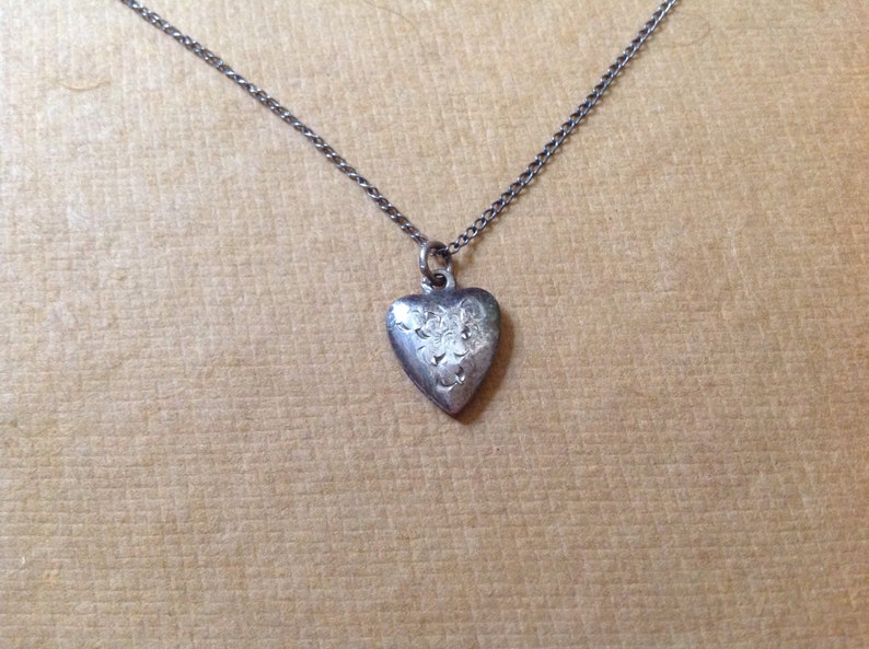 Vintage Sterling Puffy Heart Necklace Small Childs Heart Nexklace Etched Engraved Heart Necklace