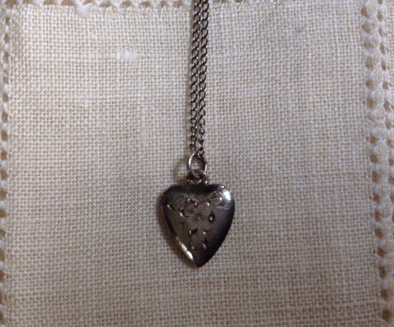 Vintage Sterling Puffy Heart Necklace Small Childs Heart Nexklace Etched Engraved Heart Necklace
