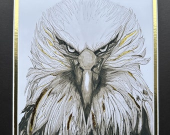 Gold Leaf Original Print Art Bald Eagle Ink Drawing Noble Gaze Bird Embellished Matted and Ready for 11x14 Frame