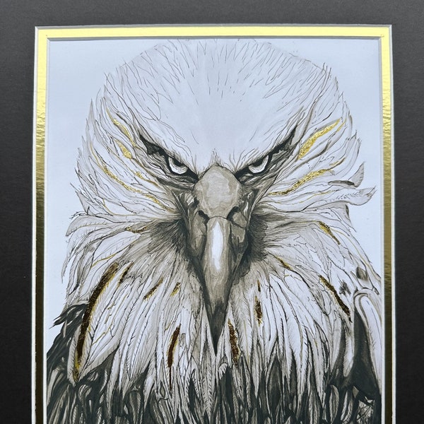 Gold Leaf Original Print Art Bald Eagle Ink Drawing Noble Gaze Bird Embellished Matted and Ready for 11x14 Frame