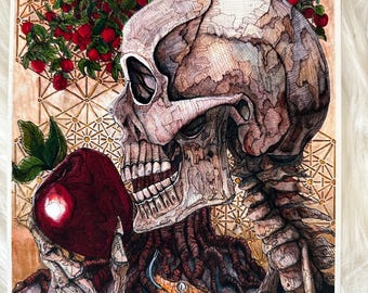 Garden of Eden Art Print, Skull Eating Apple Gothic Decor, Dark Surrealism Biblical Illustration, Temptation Golden Serpent Wall Art