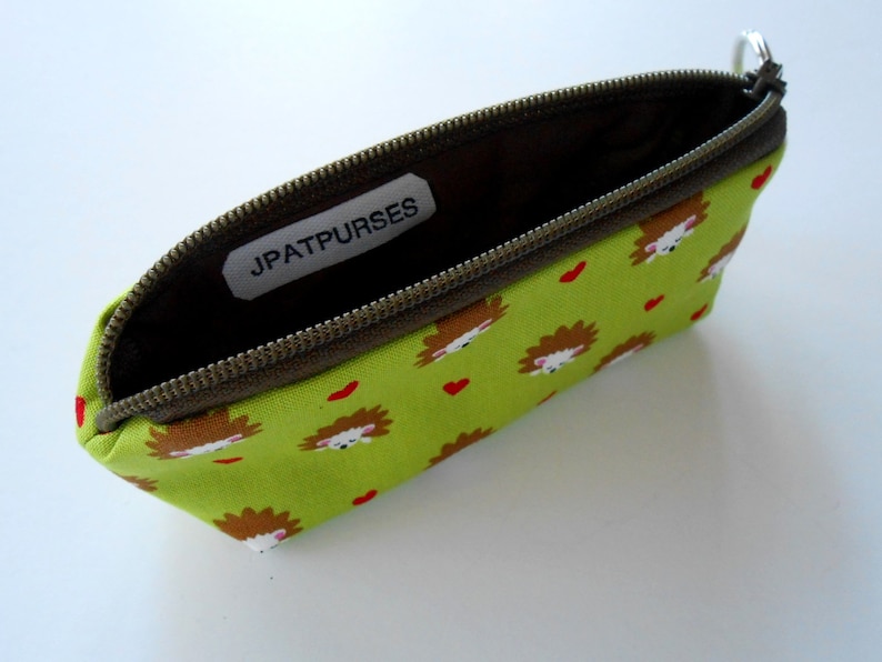 Small Coin Purse Mini Key Ring Zipper Pouch ECO Friendly Padded Lip Balm Holder Earbud Pouch NEW Japanese Import Hedgehogs on Lime