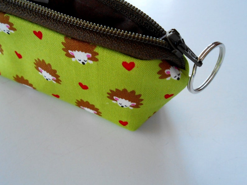 Small Coin Purse Mini Key Ring Zipper Pouch ECO Friendly Padded Lip Balm Holder Earbud Pouch NEW Japanese Import Hedgehogs on Lime