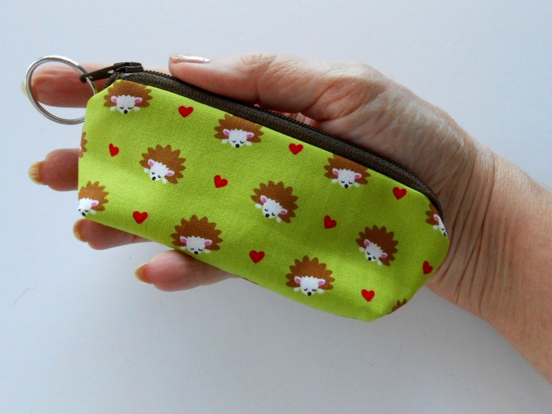 Small Coin Purse Mini Key Ring Zipper Pouch ECO Friendly Padded Lip Balm Holder Earbud Pouch NEW Japanese Import Hedgehogs on Lime