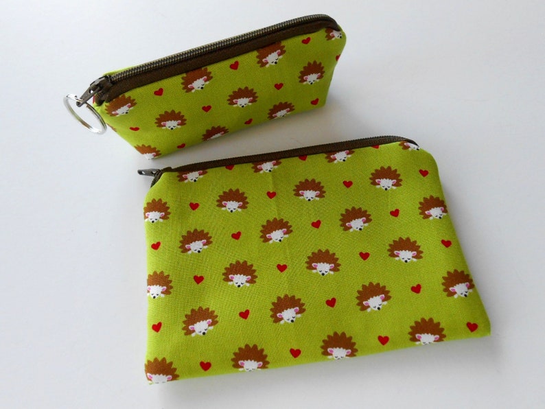 Small Coin Purse Mini Key Ring Zipper Pouch ECO Friendly Padded Lip Balm Holder Earbud Pouch NEW Japanese Import Hedgehogs on Lime