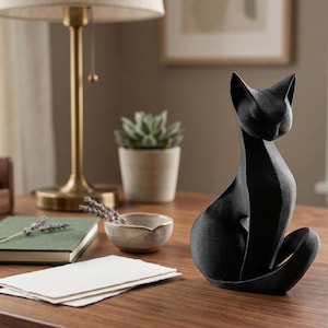 May include: A black cat figurine with a sleek, modern design. The cat is sitting with its tail curled around its body. The figurine is on a wooden surface, with a lamp, a small succulent plant, and a stack of paper in the background.