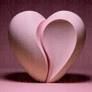 以下が含まれることがあります： テクスチャ加工された表面を持つ、薄いピンク色のハート型の彫刻。 ハートは真ん中で割れており、より濃いピンク色の内部が現れています。 背景はピンクの色合いのグラデーションです。