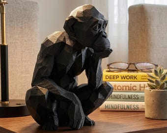 Monkey Figurine, Geometric Thinker Model, Minimalist Primate Decor, Modern 3D Printed Art