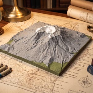 Op de afbeelding: Een driedimensionaal vierkant topografisch model van een berg met een witte besneeuwde top en grijze rotsachtige hellingen, voorzien van groene basisranden, rustend op een vintage papieren kaart met hoogtelijnen en tekst.
