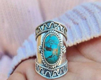 1pc European American Bohemian Vintage Wide Band Silver Ring With Green Turquoise