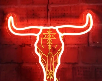 Authentic Bull Skull Neon Sign - Texas Western LED Night Light - Dimmable,