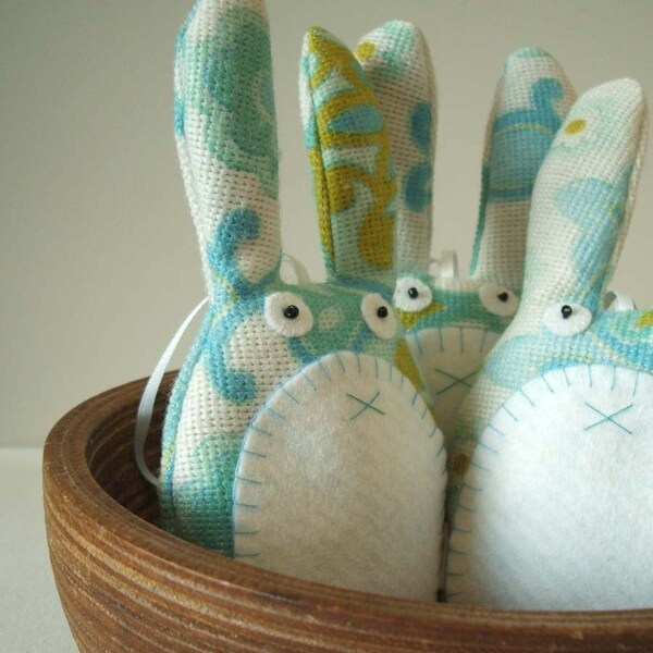 Handmade vintage fabric rabbit lavender sachet in turquoise and aqua blue