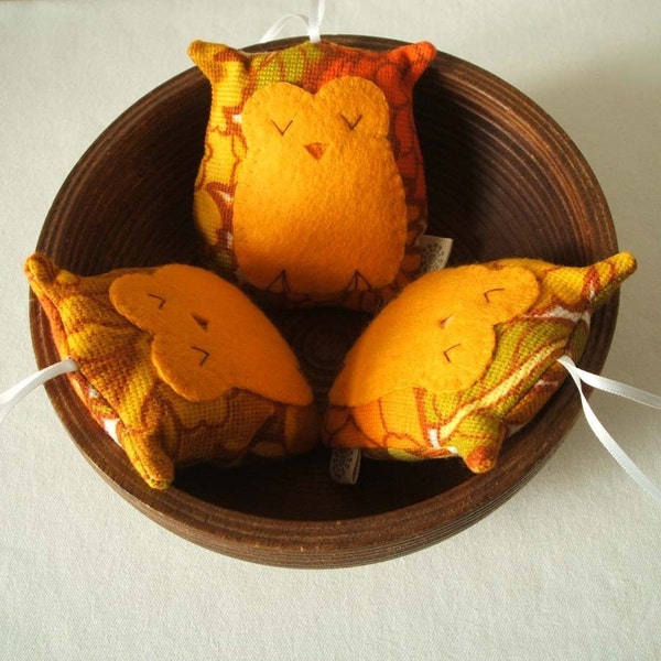 Owl plush decoration handmade with mellow yellow vintage fabric