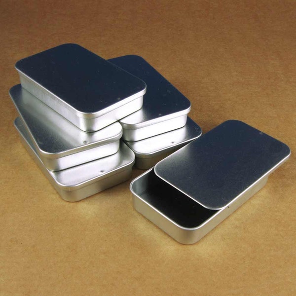 Medium Silver Slide Top Metal Tin Boxes - Set of 6 Containers / 3 3/16  x 2 x 9/16 inch / great for gift wrapping and packaging