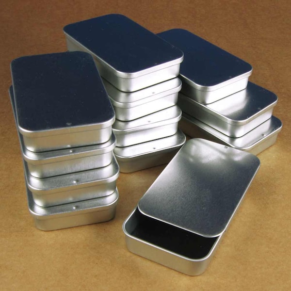 Medium Silver Slide Top Metal Tin Boxes - Set of 12 Containers / 3 3/16  x 2 x 9/16 inch / great for gift wrapping and packaging